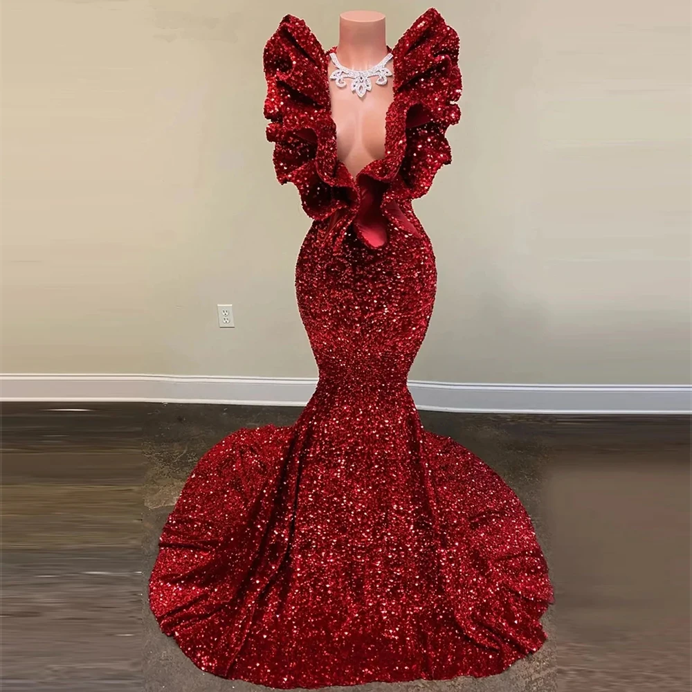 2023 Wine Red Sequin Evening Dresses For Women Sexy Deep V-Neck Ruffle Sleeveless Mermaid Princess Prom Gowns Robe فستان سهرة De