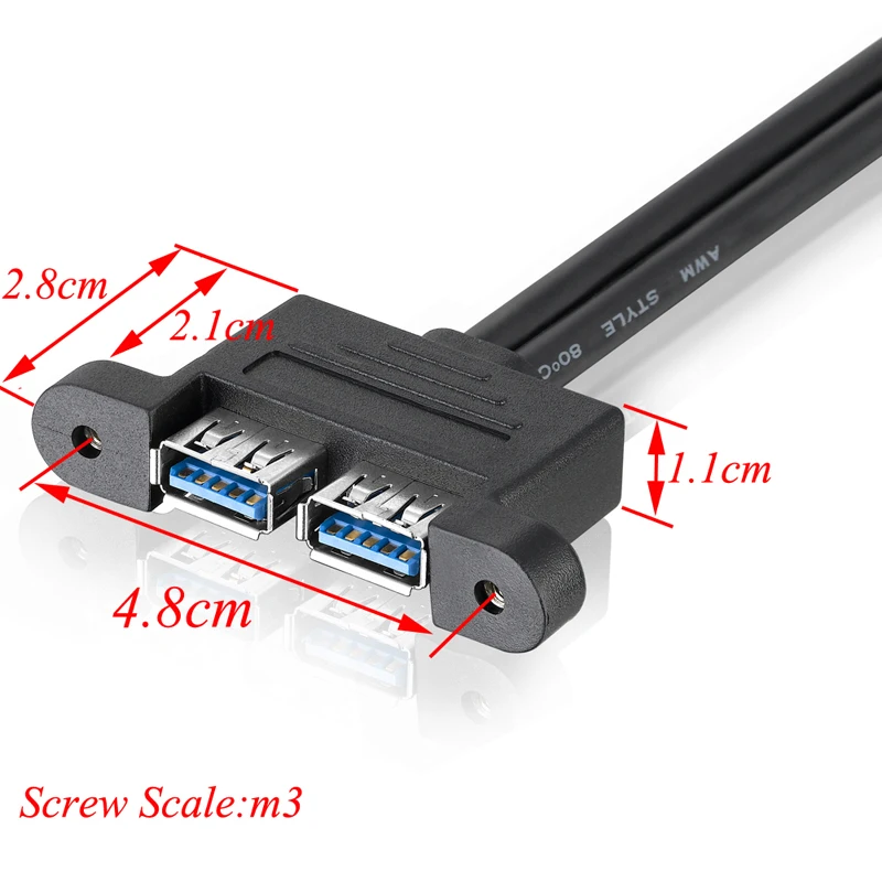 Placa base de 20 pines a Cable Dual USB 3,0 hembra blindado con Tornillo de montaje en Panel de 0,5 M