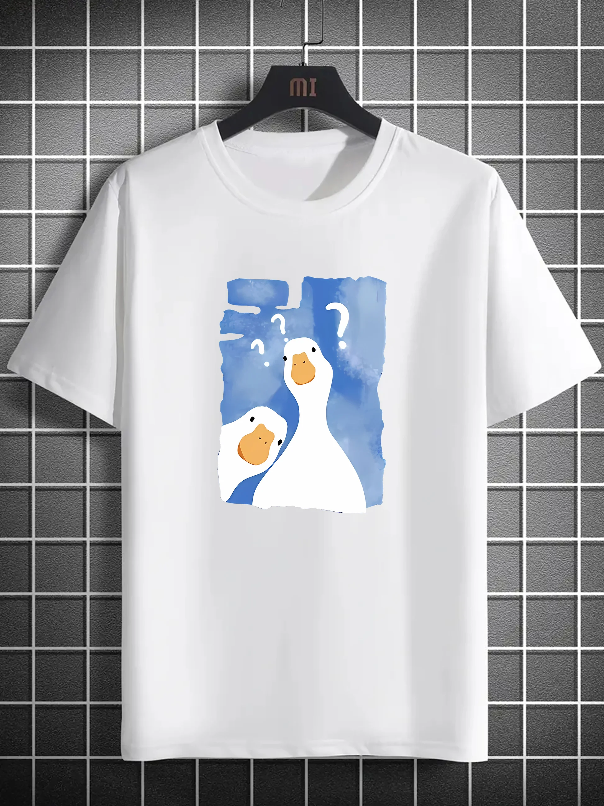 Confused Goose Print Men's Graphic Tee Casual Cotton Short Sleeve Round Neck T-Shirt