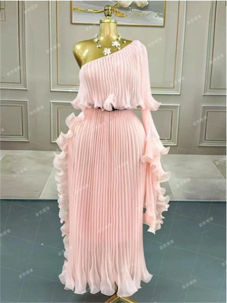 Miyake Fashion Design Dress Slanted Shoulder Solid Color Loose Women's Clothing Medium Length Elegant Dresses 2025 Summer New