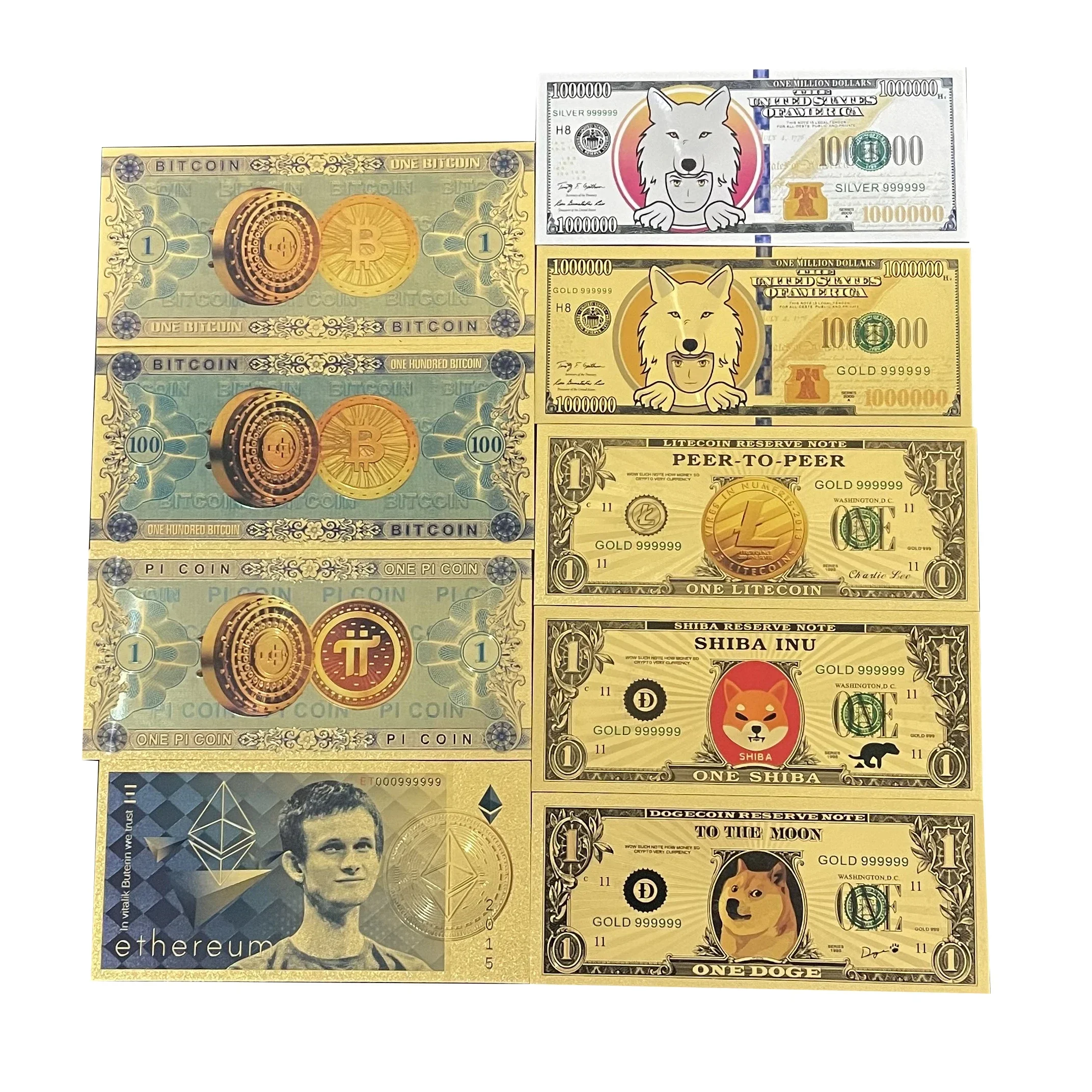 

Wholesale 9 designs WOW Gold Plated Dogecoin SHIBA Litecion Gold Banknotes ETH Bitcoin Cryptocurrency Banknotes
