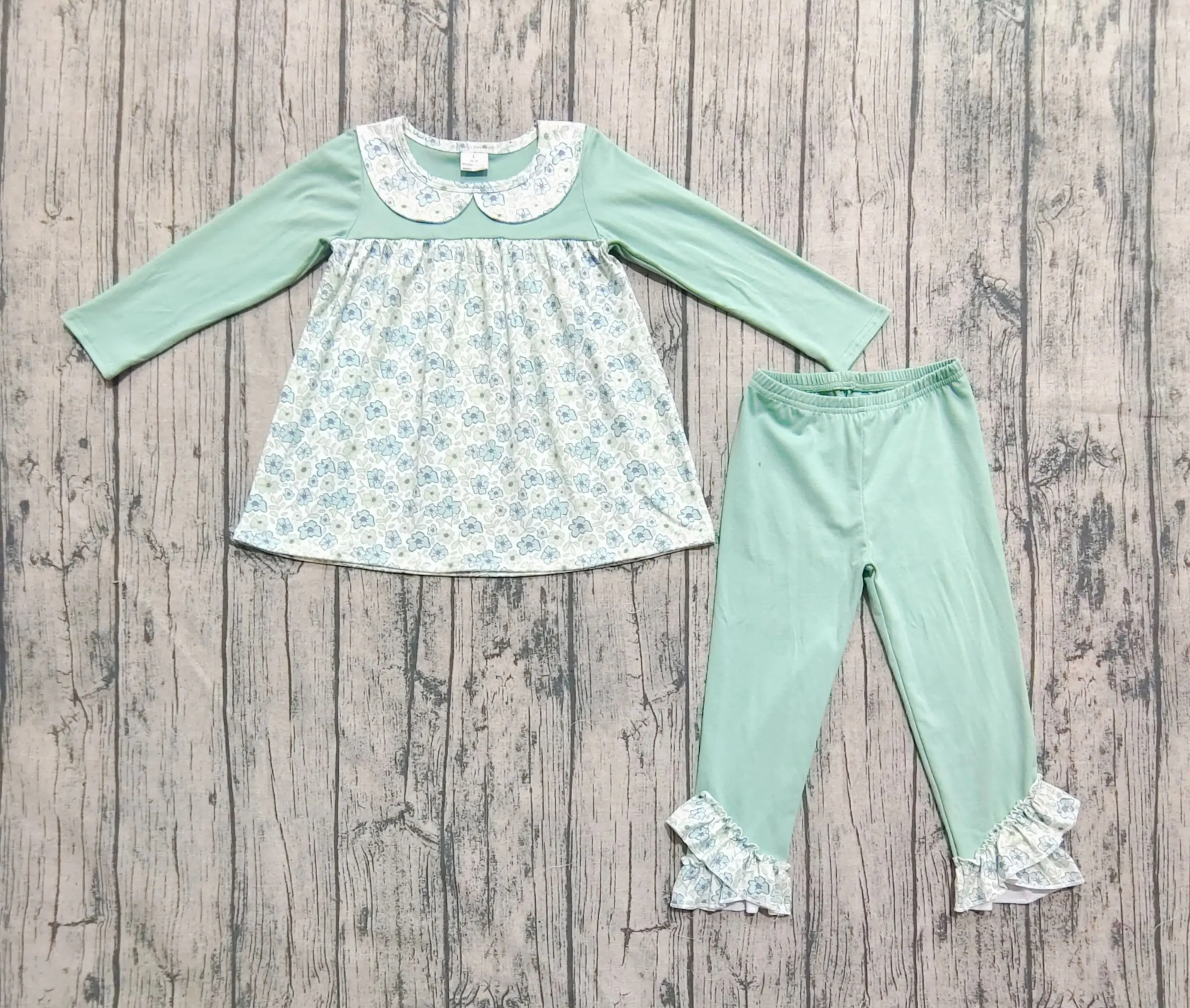 Wholesale Infant Long Sleeves Clothes Flower Tunic Toddler Green Ruffle Pants Baby Girl Outfit Children Kids Spring Fall Set