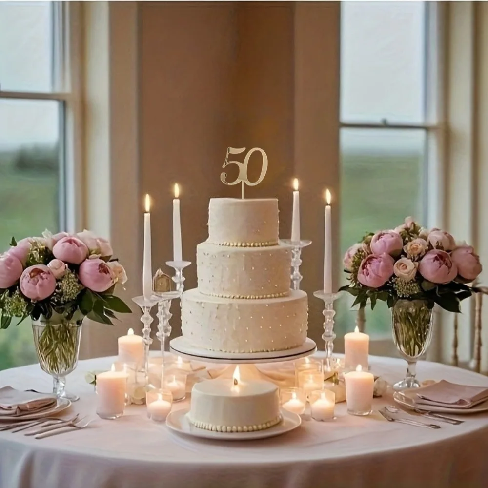 1 Stück goldener Kuchenaufsatz zum 50. Geburtstag – elegante Acryl-Jubiläumsdekoration – Hochzeit – Premium-Kuchendekorationszubehör – 1 Stück – Detail 5