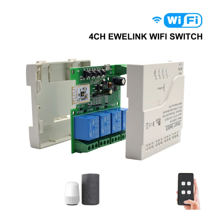 ABSE-Ewelink Smart Bluetooth Switch Relay Module+Remote 7-32V On Off Controller 4CH 2.4G Wifi Remote For Alexa