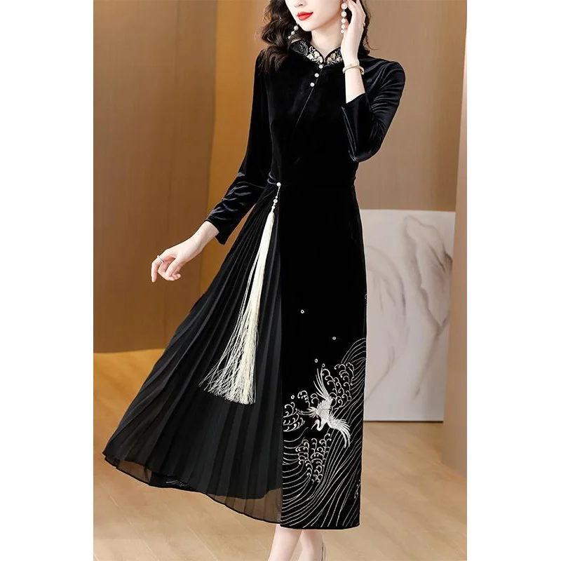 2023 New Fashion Stand Neck Dress Women\'s Autumn Versatile Improved Qipao Loose Fit Casual Vacation Party Vestidos