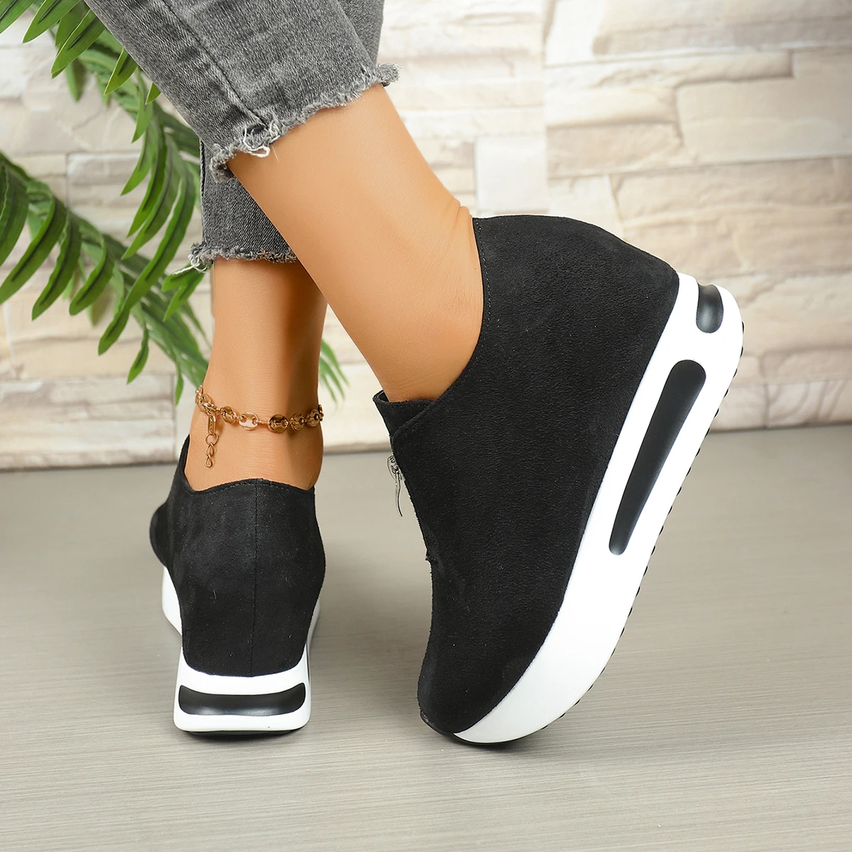 Damen-Sneaker mit Frontreißverschluss und verstecktem Keilabsatz, Wildleder-Plattform, höhenvergrößernde Freizeitschuhe, Damen-Slipper mit dicker Sohle zum Gehen. – Detail 8
