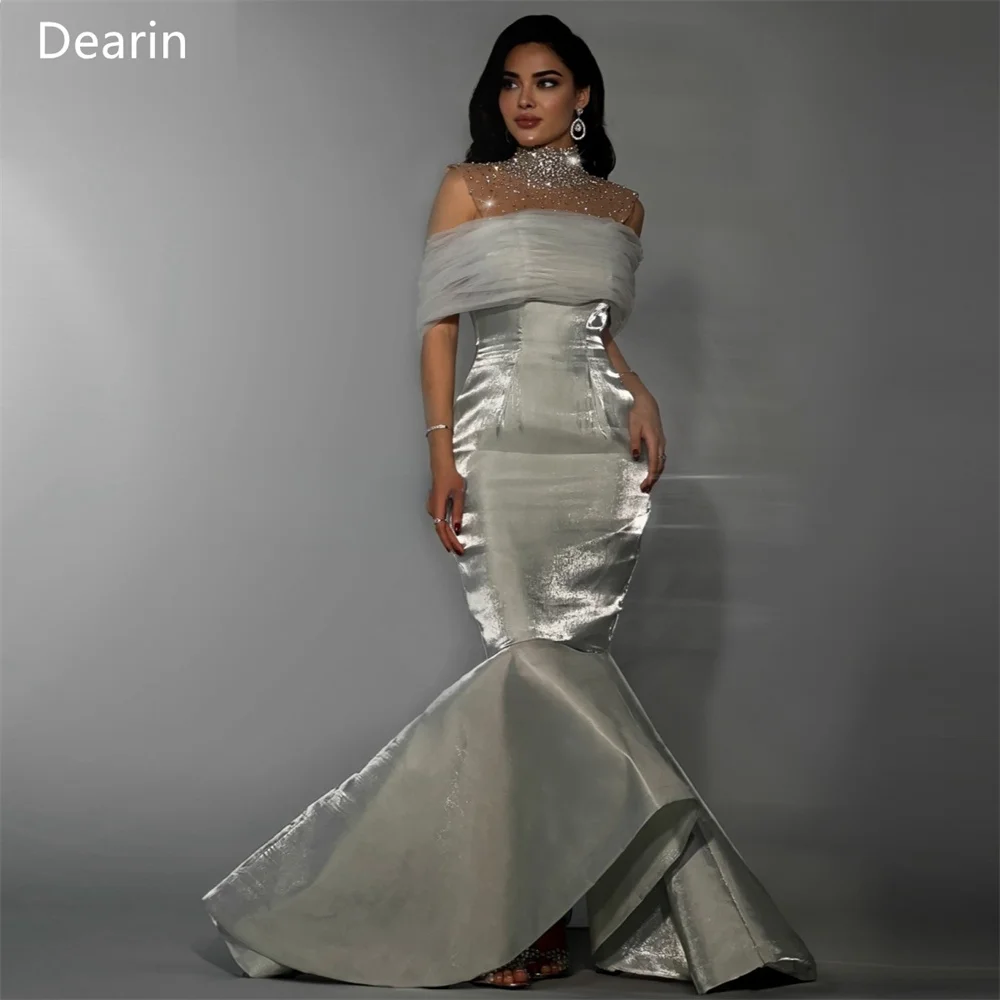 

Customized Formal Dress Evening Women Dearin High Collar Trumpet Floor Length Skirts Draped Shirred Tulle Beading Bespoke Occasi