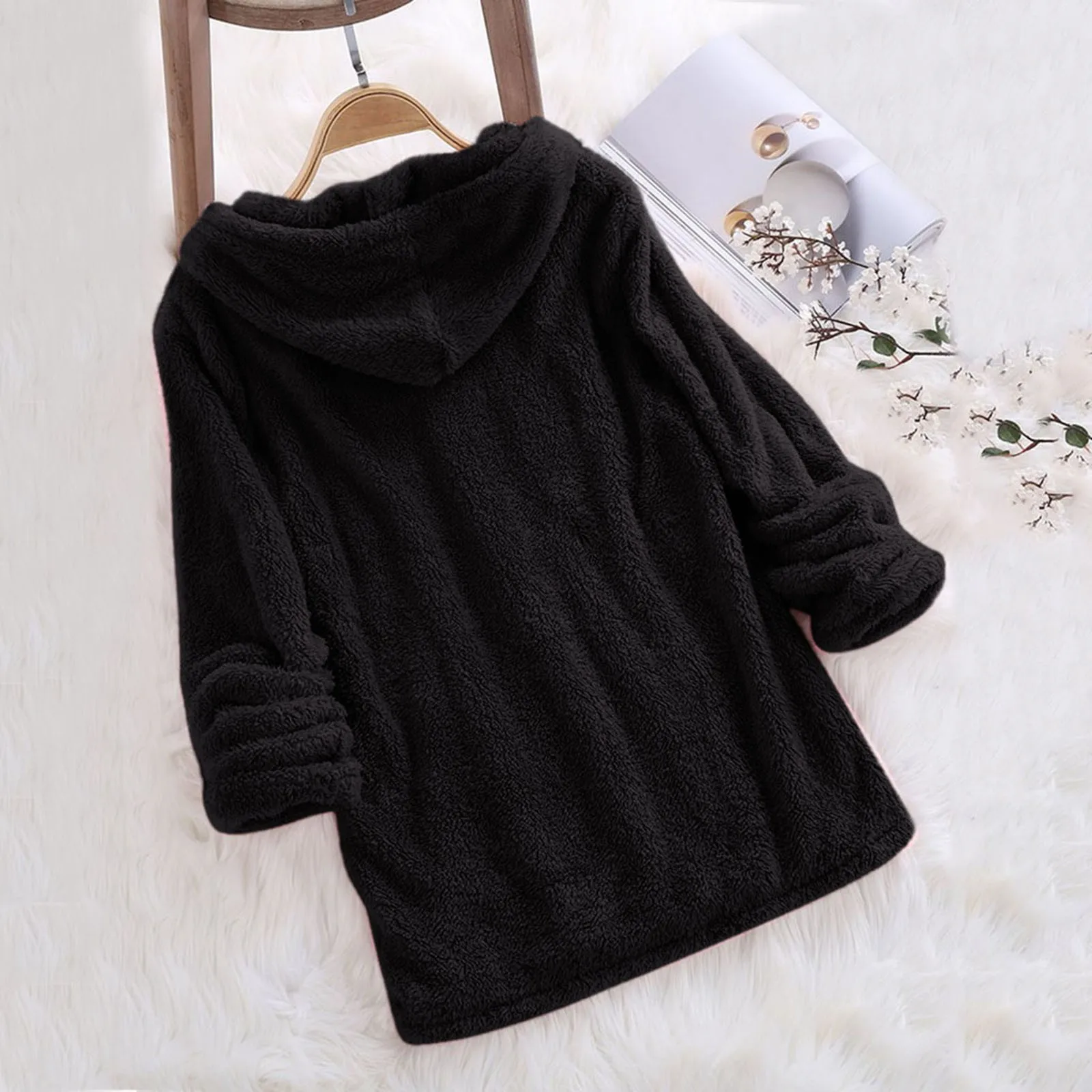 2024 Warm Solid Fluffy Flannel Pullover Pajama Loose Hooded Sweatshirts Top Korean New Women Long Sleeve Plush Hoodies Lady