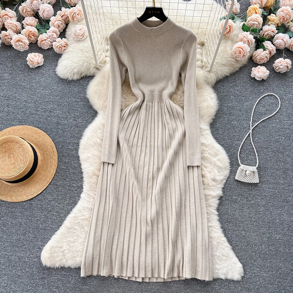 

Croysier Sweater Dress Women Autumn Winter Clothes 2023 Long Sleeve Elegant Pleated Dress Mock Neck Casual Knitted Midi Dresses