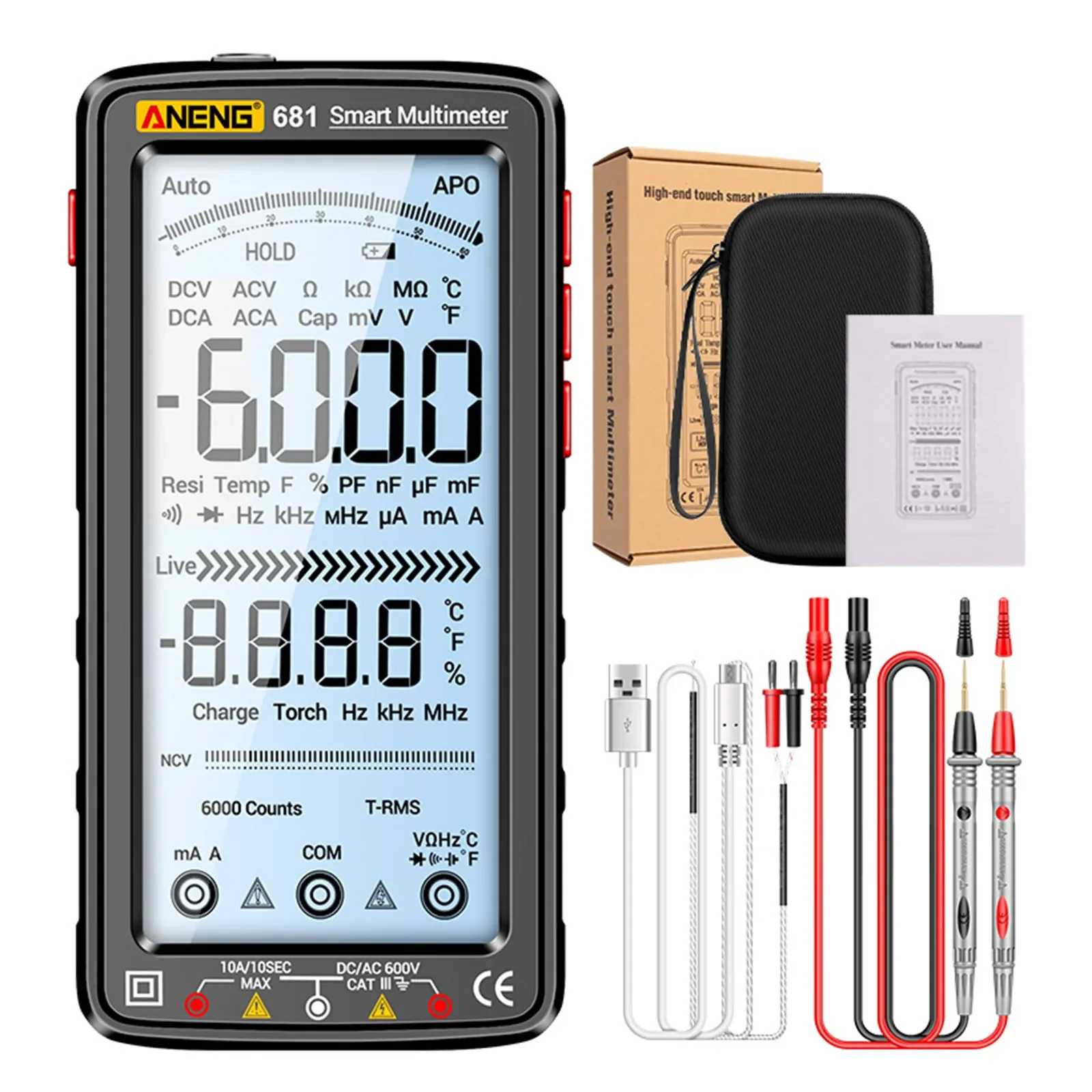 681 multimetro digitale a schermo intero multimetro con schermo LCD misuratori di tensione USB Li-batteria ricarica strumenti elettrici