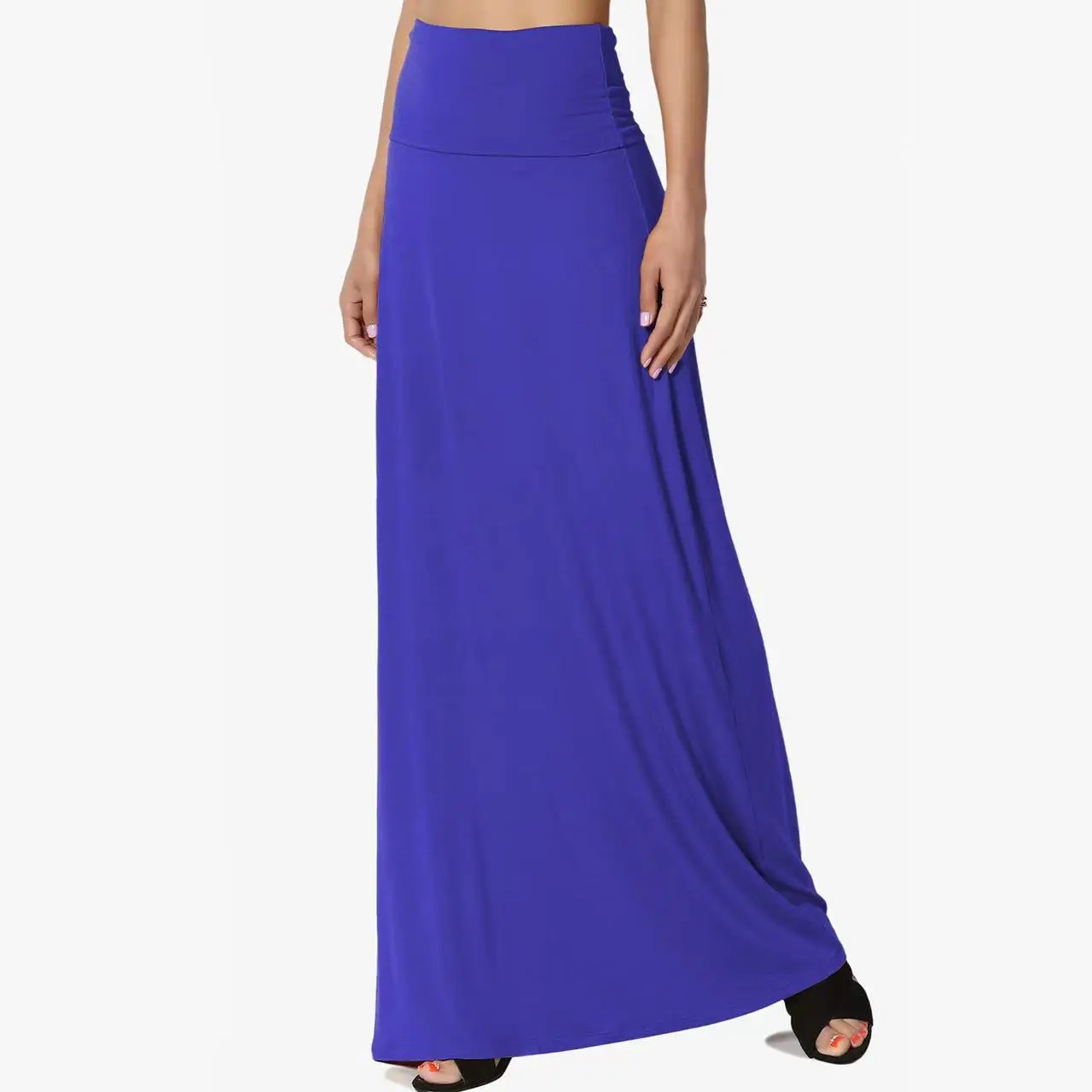 Muslim Long Skirts for Women Solid Color Maxi Skirt High Waist Fold Over Floor Ankle Length Jersey 2024