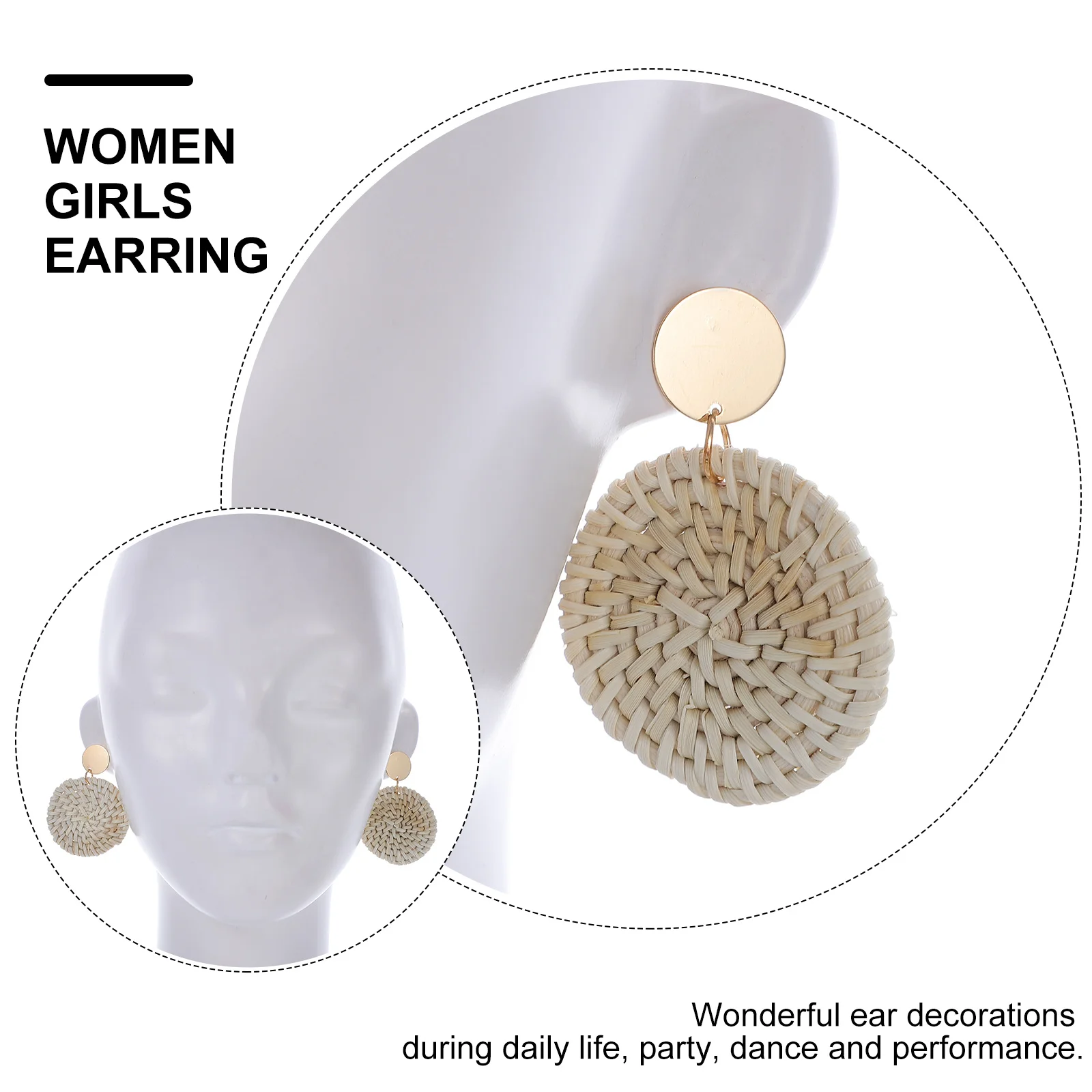 

3Pairs Rattan Earring Elegant Ear Jewelry Set Fashionable Durable Decorative Studs Gift Rattan Earring