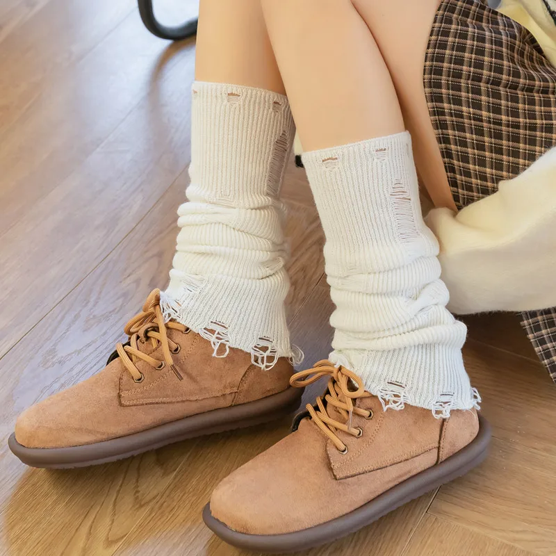 Hole Socks Women's Mid-tube Wool Stacked Warm Slim Shin Protecting Korean Style Internet Trendy Long Boots Covers New Fashion