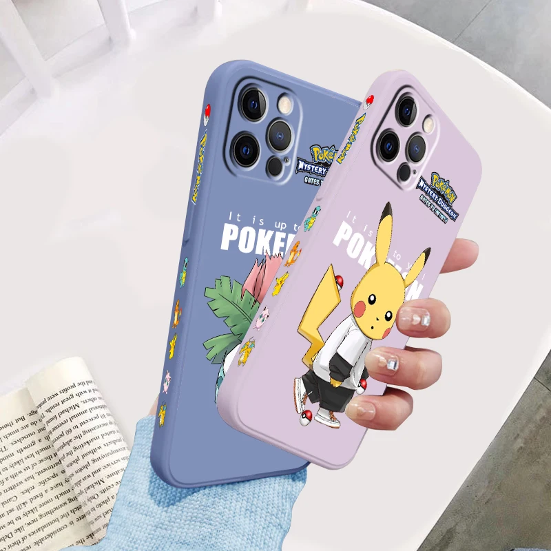 Pokemon Bulbasaur Pikachu Liquid Left Rope For Apple iPhone 15 14 13 12 11 XS XR X 8 7 SE Pro Max Plus Mini Cover Phone Case