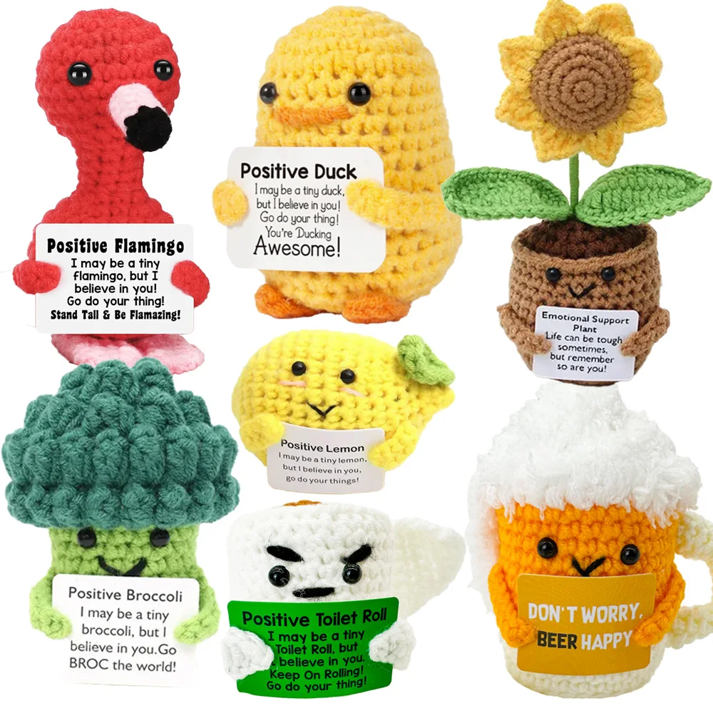 Muñeco de ganchillo con abrazo de bolsillo de energía positiva, Mini felpa tejida hecha a mano, patata, tortuga, verduras, pato, regalo de soporte divertido con tarjeta