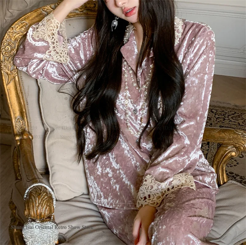 

Осень-зима, новый бархатный пижамный комплект, сорочка, одежда для сна, элегантная кружевная женская ночная рубашка, пижамный костюм, свободный повседневный велюровый домашний костюм