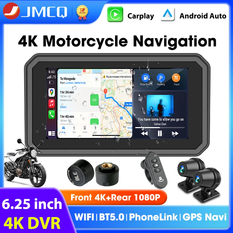 

6.25 inch Motorcycle Carplay Screen DVR GPS Navigation IPX7 Waterproof Moto Monitor Support 4K+1080P Dual Lens DVR TPMS