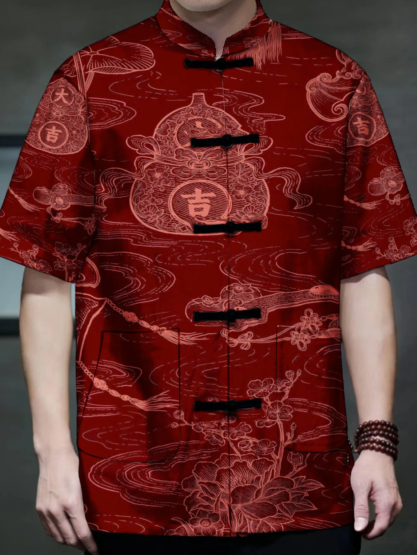 Vintage Collectible Shop - เสื้อเชิ้ตผู้ชายคอจีน กระดุมกบ แขนสั้น ลายพิมพ์ดอกไม้และใบไม้รูปทรงน้ำเต้ามงคลแบบดั้งเดิม