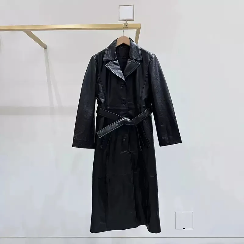 

【Gift Free】2025 French Elegant Autumn Winter Trendy Black Biker Lapel Belted Long Leather Coat Trench for Women