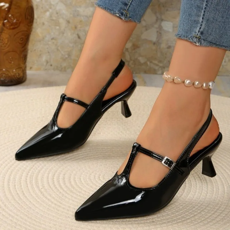 

Новинка 2024, пикантные женские босоножки на высоком каблуке, летняя обувь с острым носком, тапочки с открытой пяткой, вечерние женские туфли-лодочки Sandalias Mujer