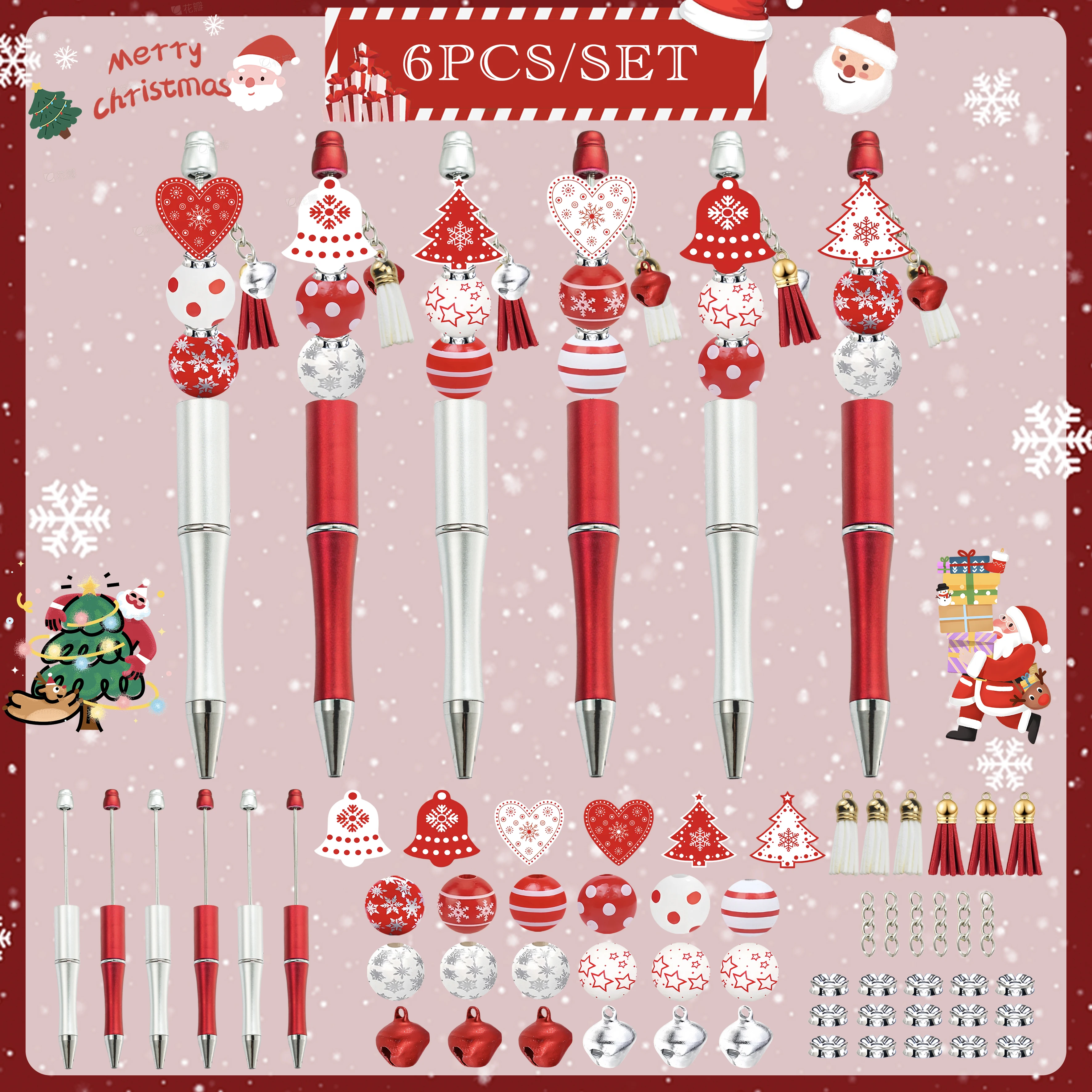 6PCS Christmas Bell Pine Tree Theme DIY Beaded Ballpoint Pen Set, Creative DIY Handicraft Enthusiast Gift Office&Study Supplies