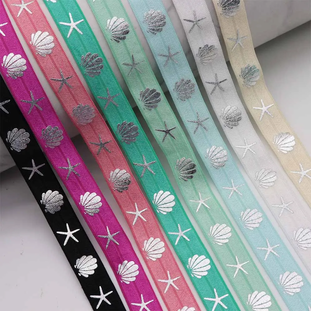 

5/8" 15MM Silver Foil Starfish Shells Printed Fold Over Elastic FOE Ribbon For Hair Tie Headwear Summer Hair Accessories