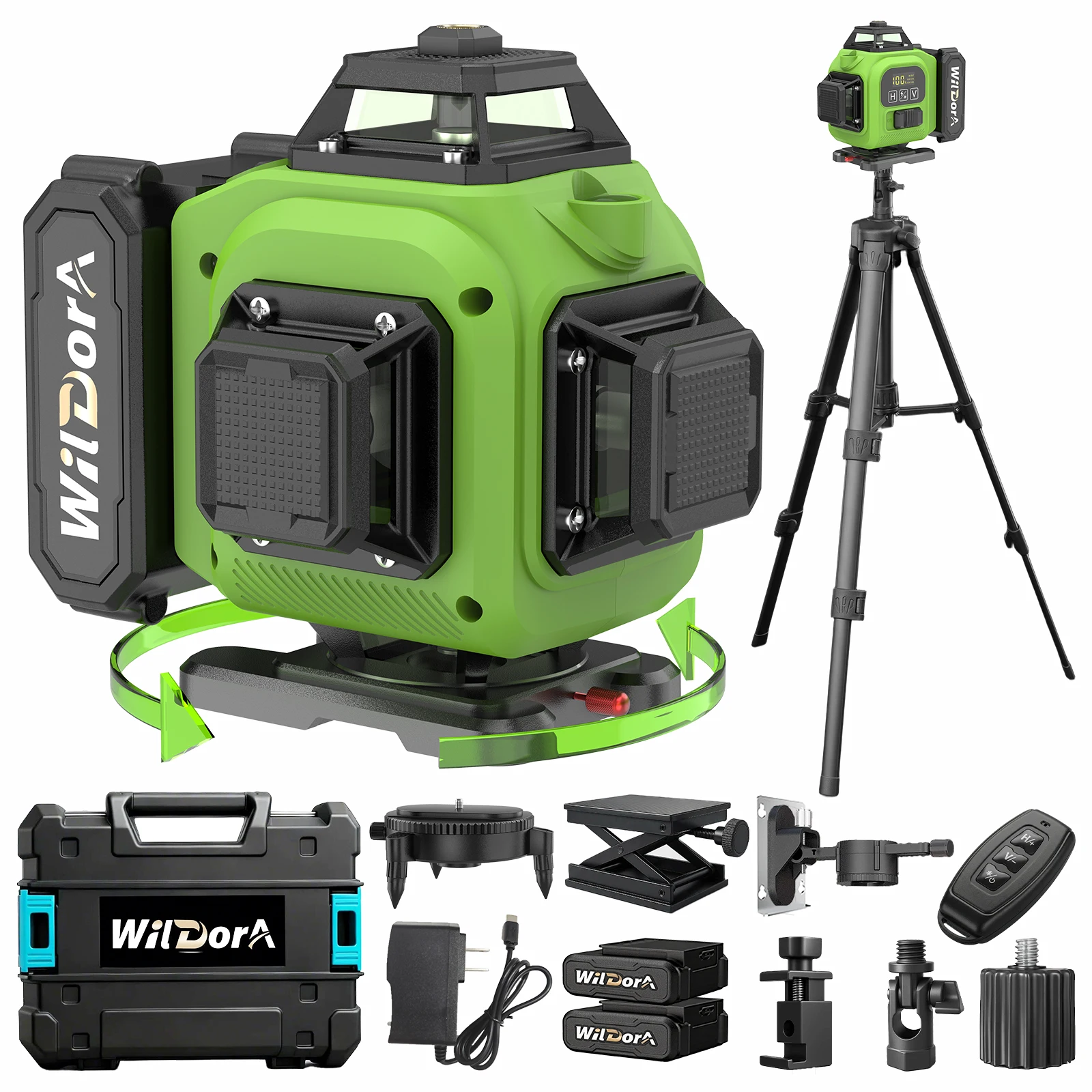 

4D 16-Line Green Laser Level with Tripod, 4x360°±4° Self-Leveling for DIY , Remote Control，2x4800mAh Batteries with Hard Case