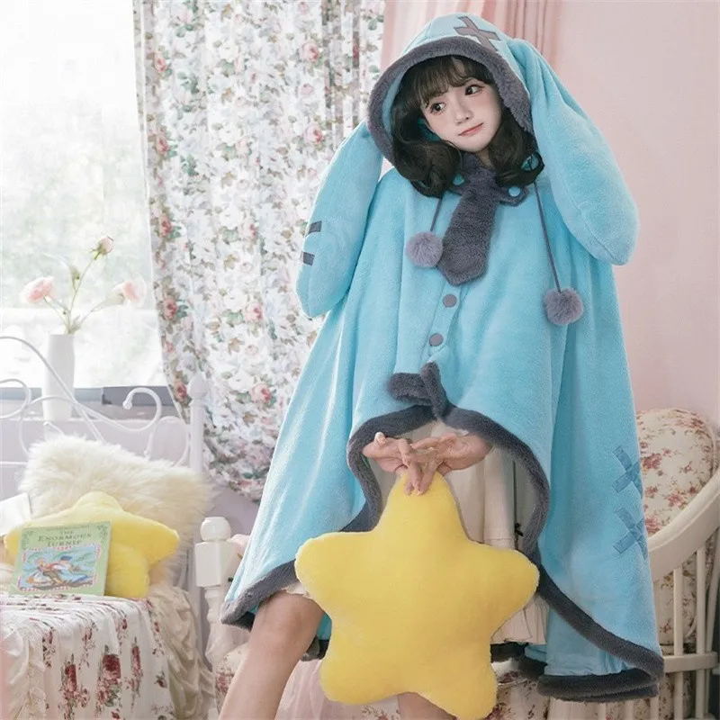 Mechanical Dropped Ear Rabbit Plush Cloak Winter Double Sided Coral Plush Homewear Kawaii Cartoon Pajamas Female Blanket Cape