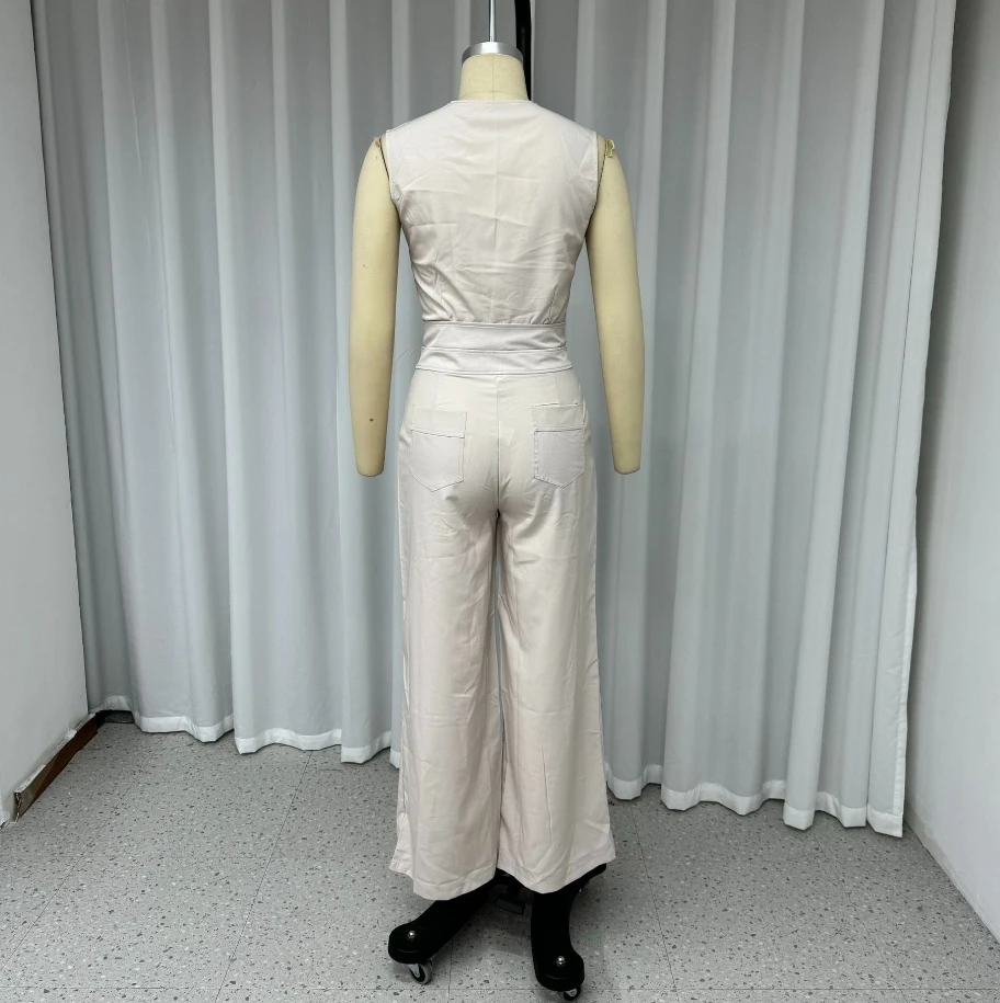 Women's Summer New Symmetrical Line Sleeveless Button Up Suit with Solid Color Pocket Two-Piece Set