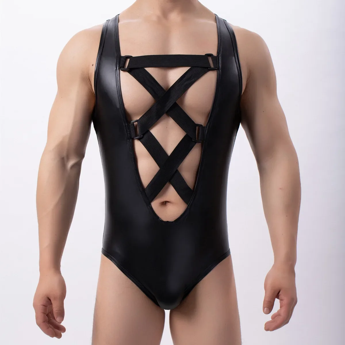 

Men's Sexy Undershirts PU Leather Bodysuits Sleeveless Leotard Front Hollow Rompers Gays Faux Leather Jumpsuit Wrestling Singlet