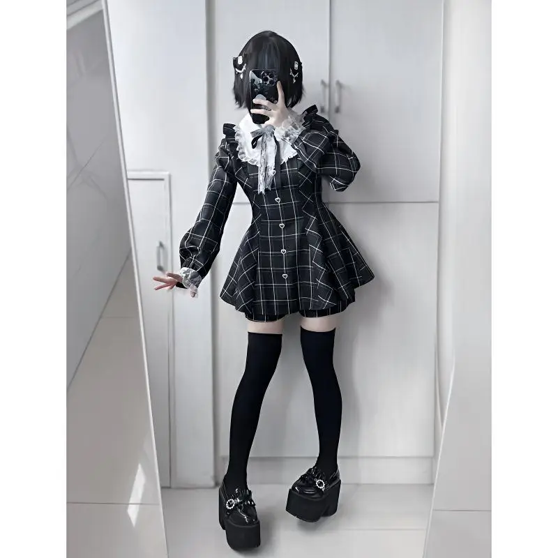 Women Y2k Aesthetic Lolita Style Bow Dress Shorts Set Japanese Gothic Lace Flare Sleeve Button Shirt Dress Punk Party Mini Dress