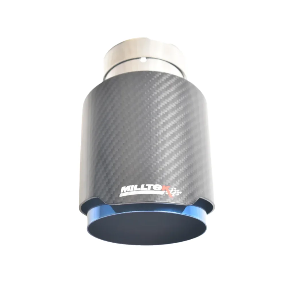 Universal Carbon Fiber Exhaust Tip Blue Inner Ring Sport Muffler Tail Pipe Milltek X Logo TÜV/CE Compliant for EU T