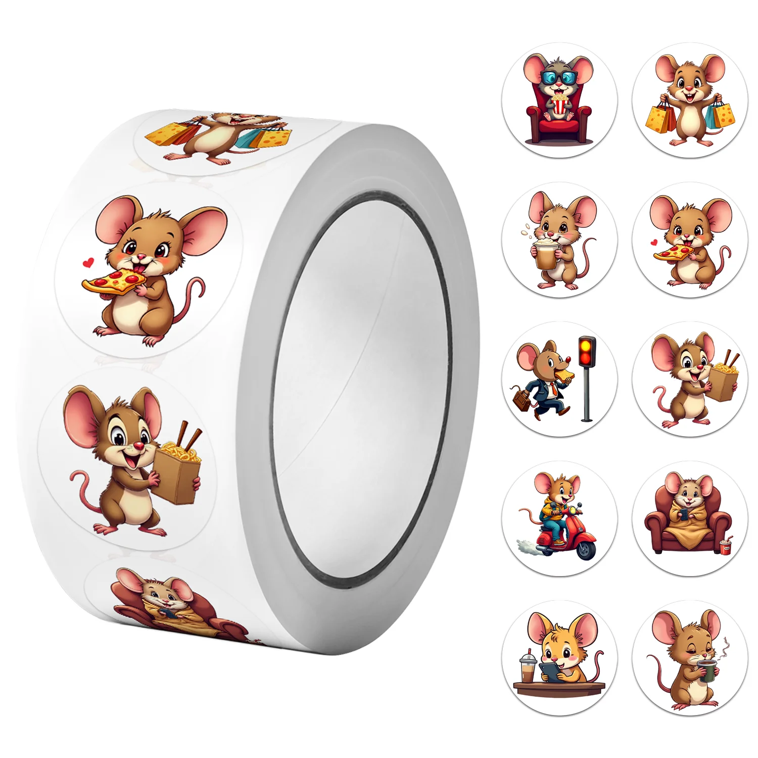 1Roll(500Pcs) Cute City Mouse Happy Life Stickers 2.5cm/1.0