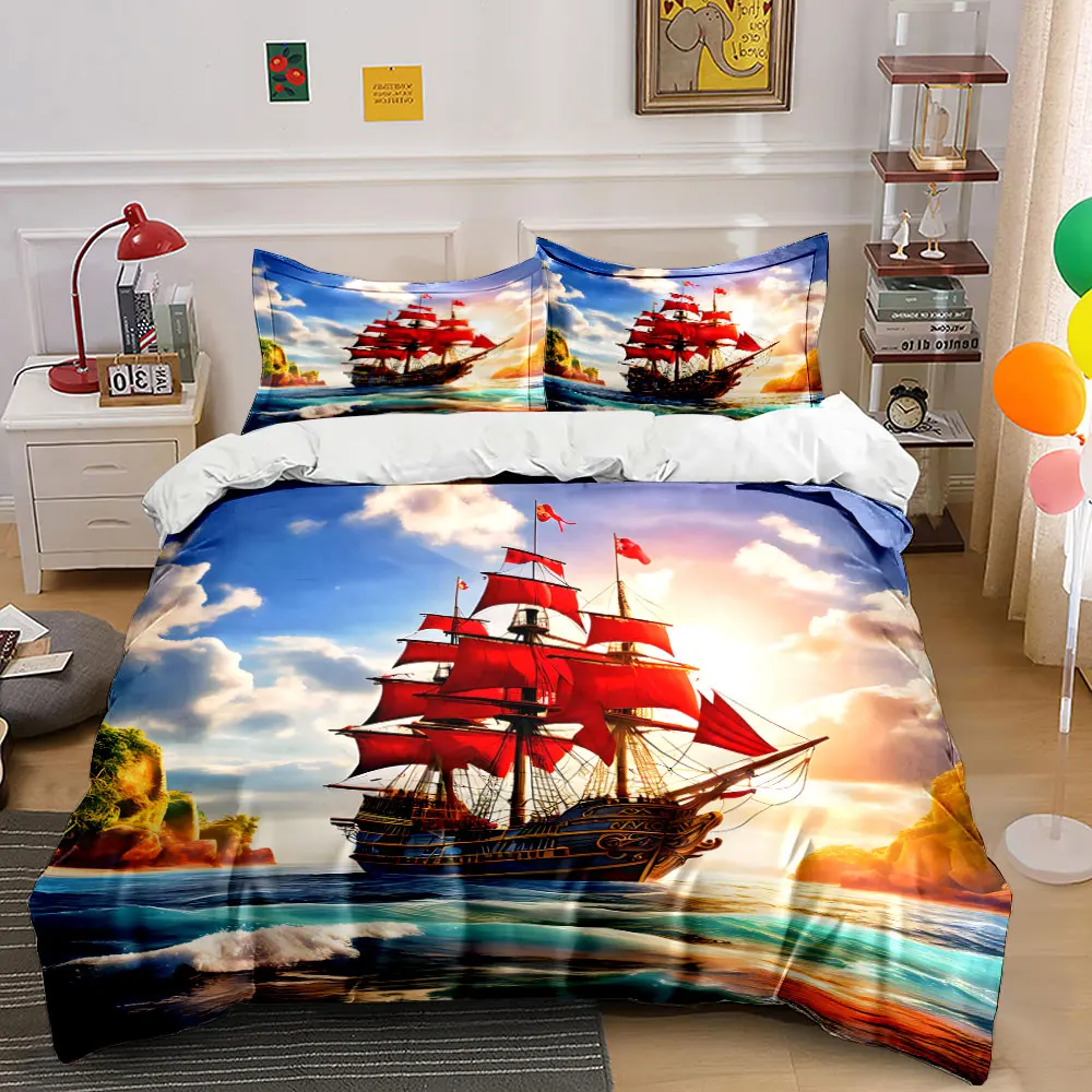 

Red-sailed ship sailing on blue ocean Print Bedding Set 1Duvet Cover 2 Pillowcases for Adult and Children Luxury Gift Full Size
