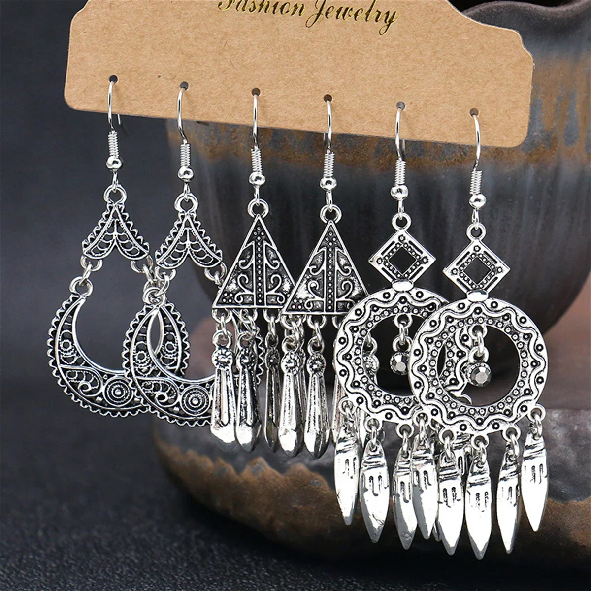 Trio Women Bohemia Geometric Shape Drop Earring Set Brass OX Plating Colorful Round Water Drop Shape French Wire Dangle Earrings