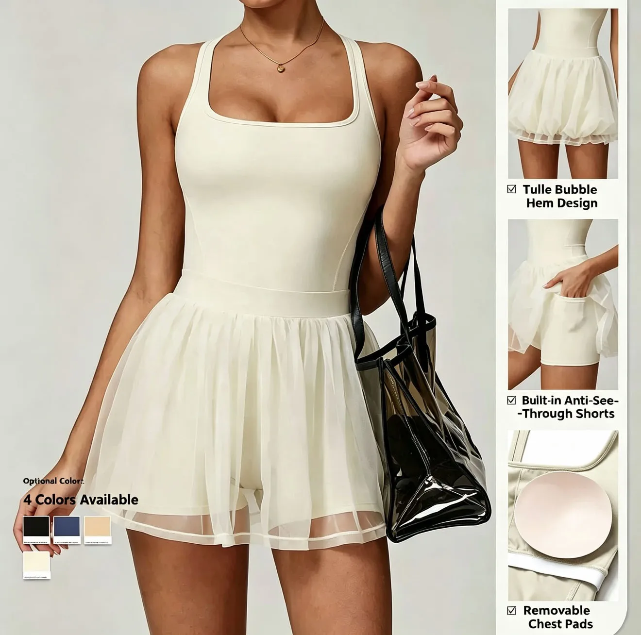 Womens Tennis Dress with Built in Shorts Golf Dress Square Neck Athletic Outfits Active Dresses Raceback Padded Dress