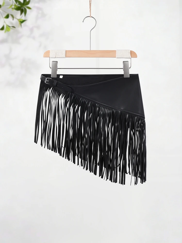 Cinto Feminino de Couro Sintético com Franjas Y2K Preto para Mini Saia Curta, Coleção Primavera Verão 2026, Versátil, Produto Único