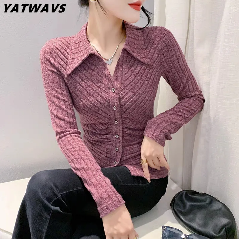 

New Fashion Korean Chic Turn-down Collar Single Breasted Cardigan For Women Casual Long Sleeve Autumn Chic Stripe Shirt Tops