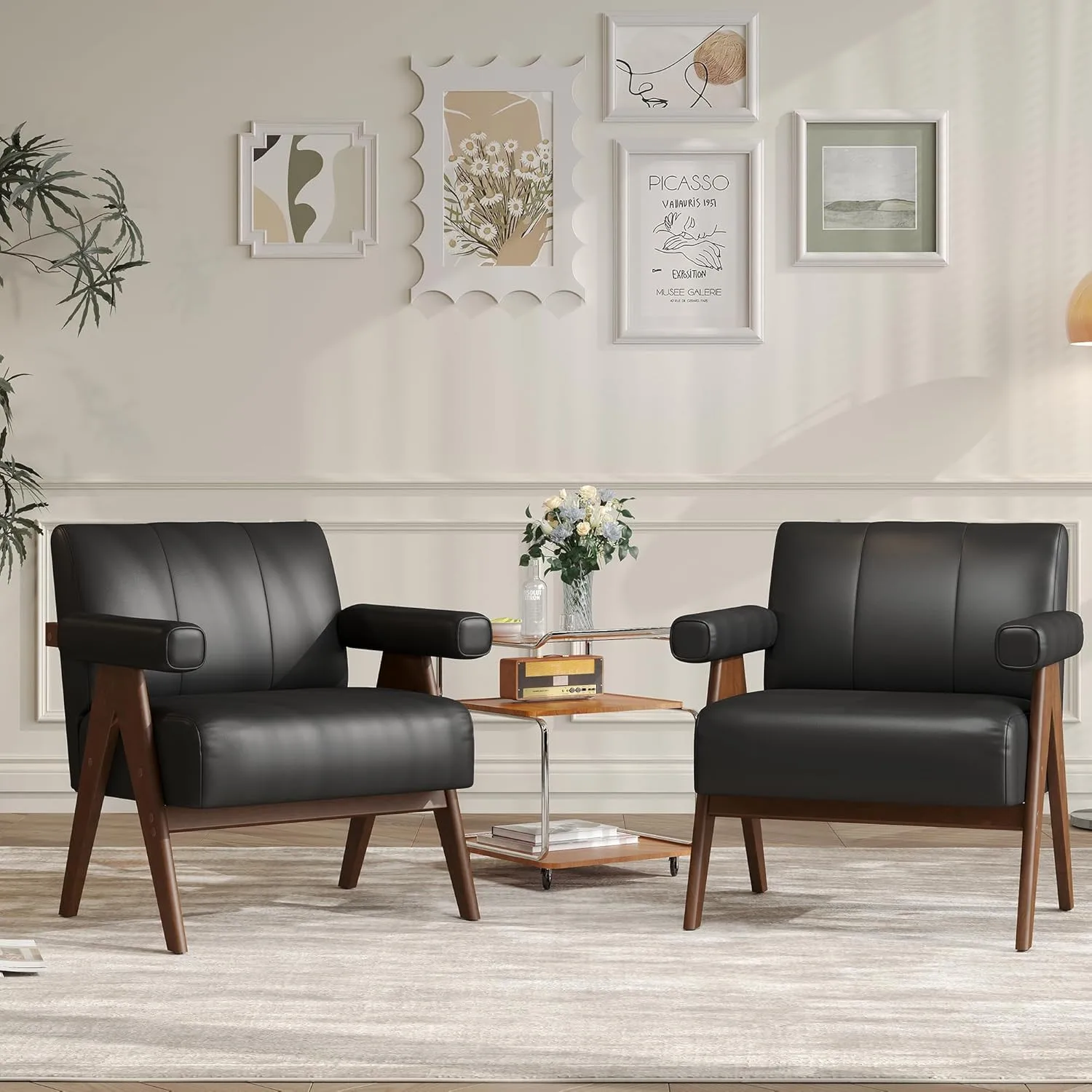 Mid Century Modern Accent Chair Set of 2, Black Leather Office Reading
