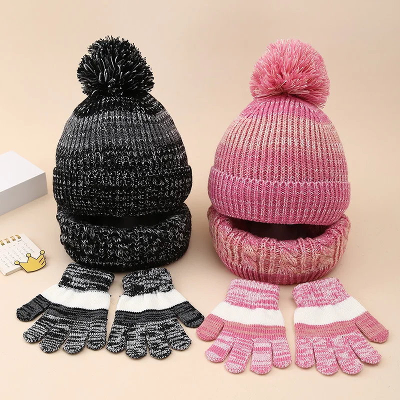 Amazon Children's Gradient Color Fleece-Lined Knitted Hat Scarf Gloves Three-Piece Set Winter Boys and Girls Warm Knit Hat