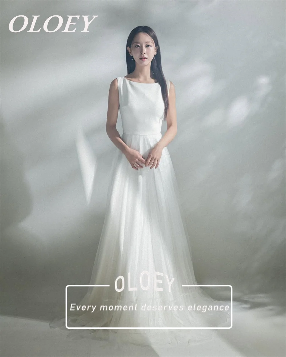 OLOEY Simple Ivory A-line Wedding Dresses Pleated Tulle O-neck Floor Length Bridal Gown Customized Korea Photoshoot Reception