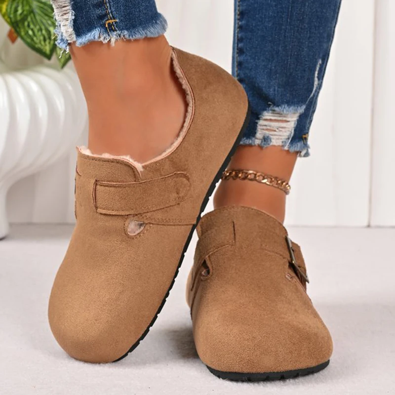 Fleece Lined Warm Clogs Flats Shoes Women Fashion Ankle Buckle Round Toe Mules Shoes Faux Lamb Wool Cotton Shoes Female Winter