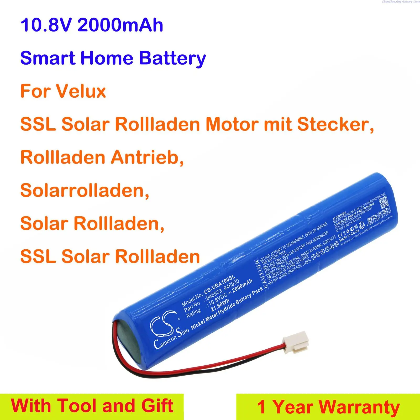 Cameron Sino 2000mAh Smart Home battery for Velux Rollladen Antrieb, Solarrolladen, Solar Rollladen, Motor mit Stecker +Tool