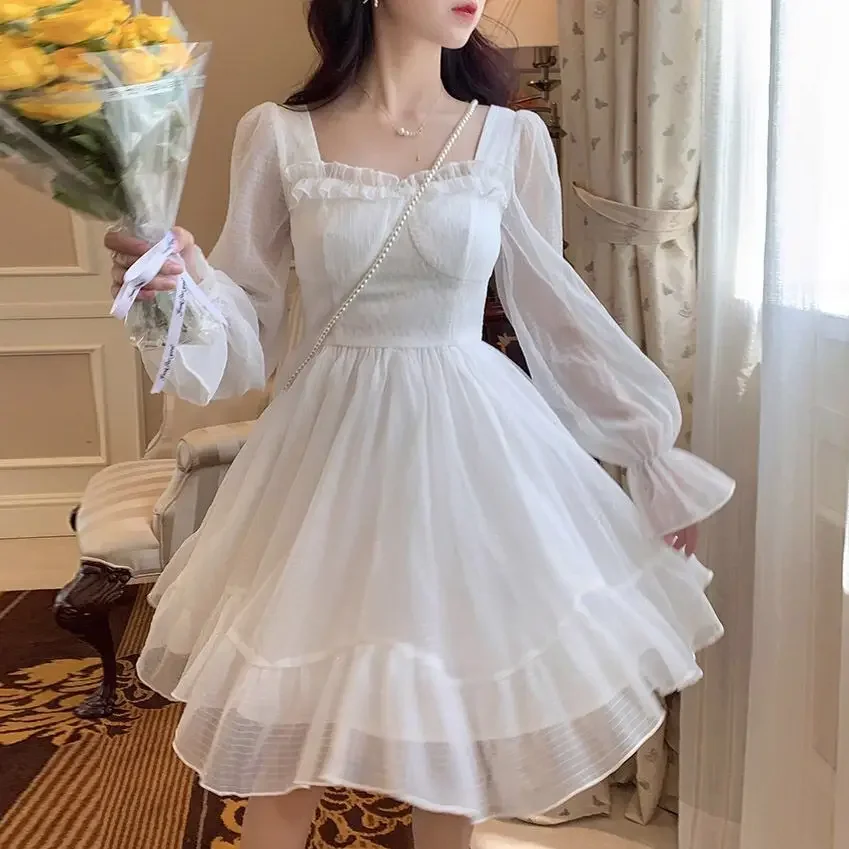 

French Sweet Fairy Lolita Dress Women Long Sleeve Lace Y2k Mini Dress Vintage Kawaii Clothes One Piece Dress Korean 2025 Summer