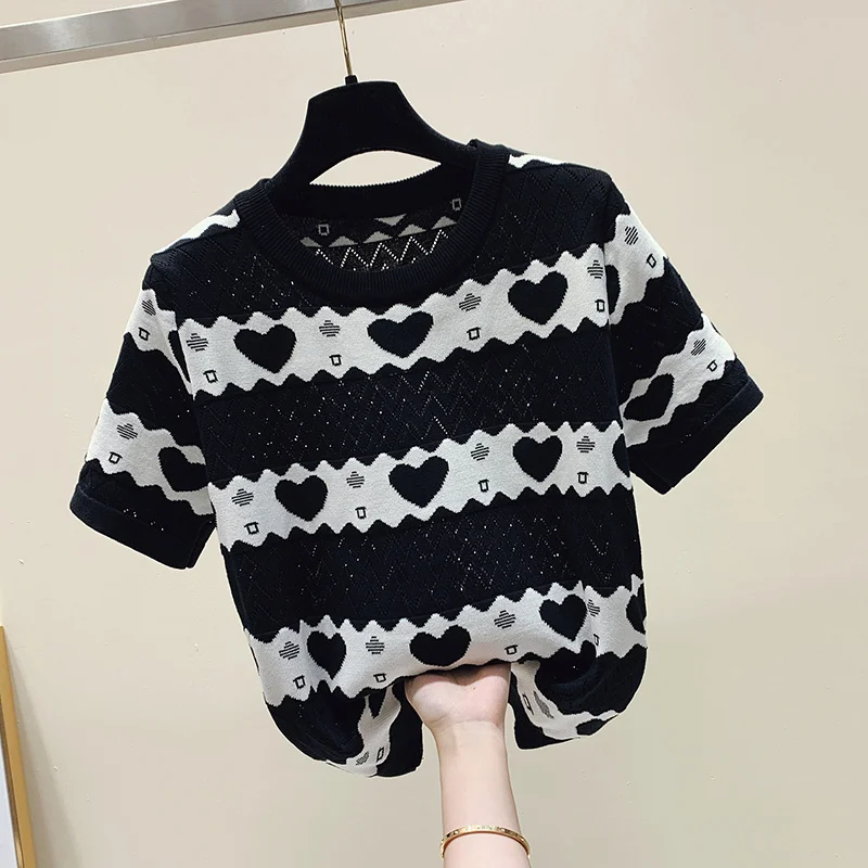 Summer Women Vintage Striped Hearts Knitted T-Shirt Fashion Short Sleeve Hollow Out Slim Fit Thin New Knitwear Tees Tops Mujer