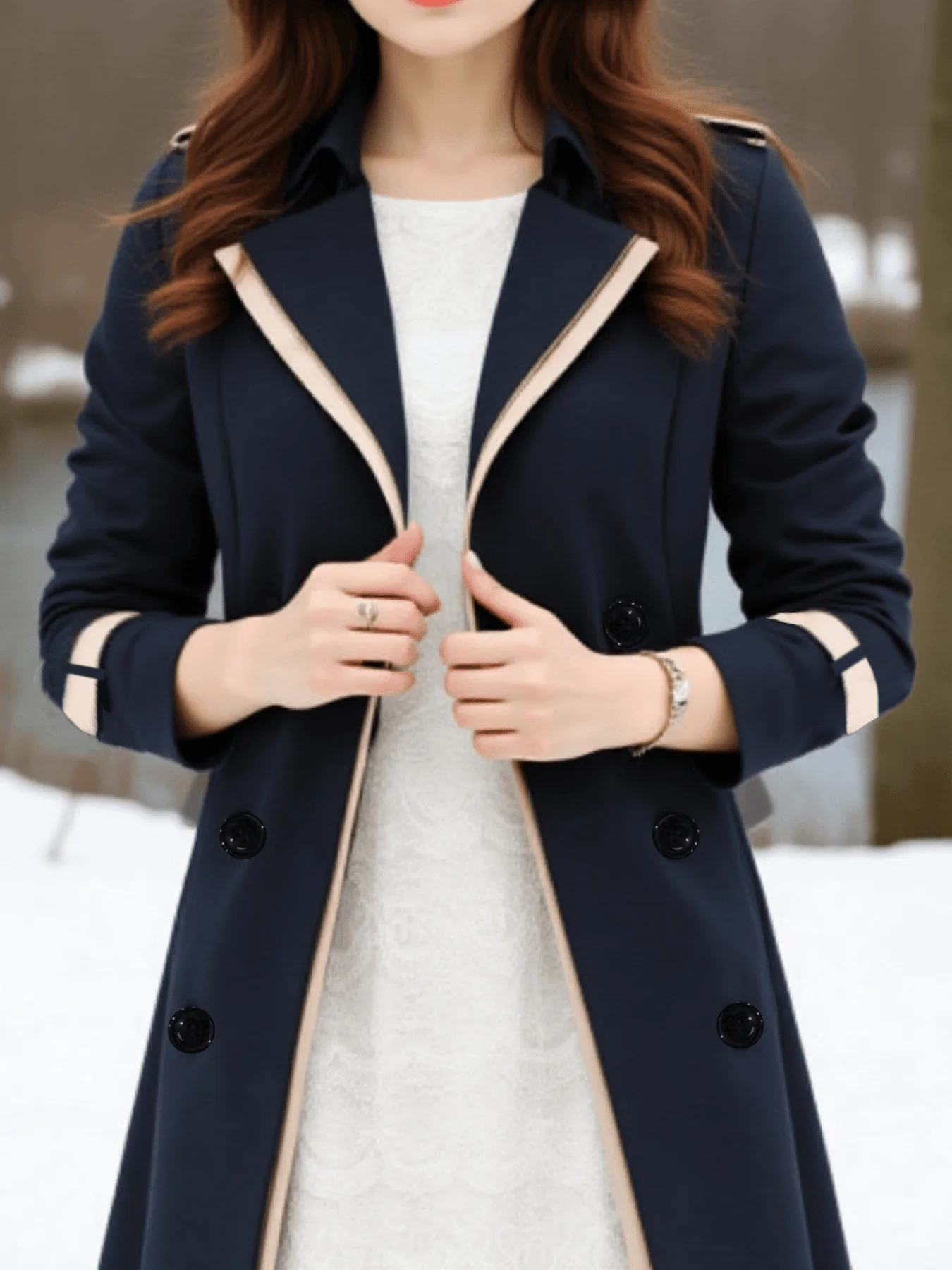 

Euro-American Trench Women's Spring Autumn Coat Color Block Korean Style Double-Breasted Trench Trendy Outerwear Elegant Trench