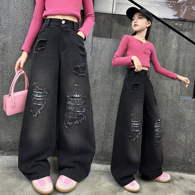 

Girls Ripped Jeans Autumn 2024 Fasion Loose Casual Wide Leg Pants for Kids Straight Elastic Waist Teenage Children Trousers