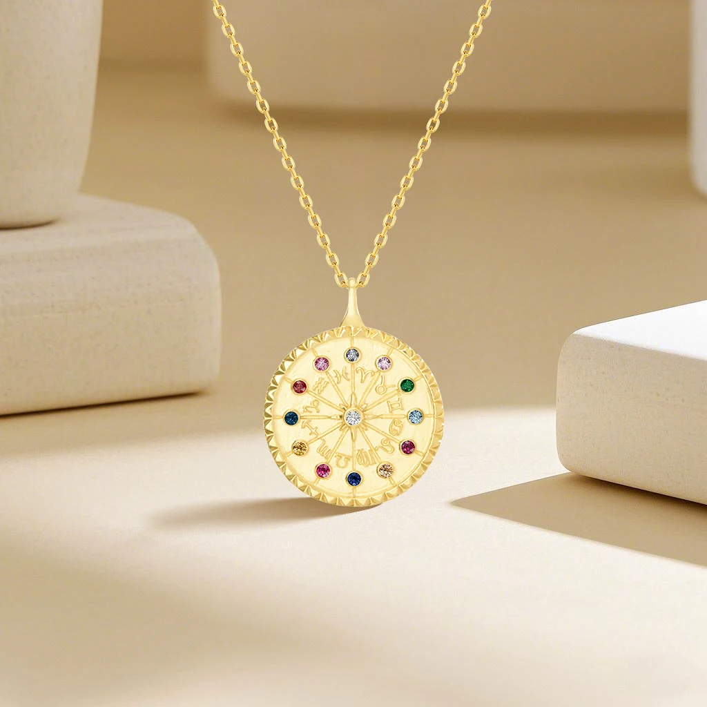 Real Gold 14K Pendant Wheel of Fortune Amulet Magical Lucky Symbols 12 Zodiac Signs Golden Jewelry Women Men Vintage Gift