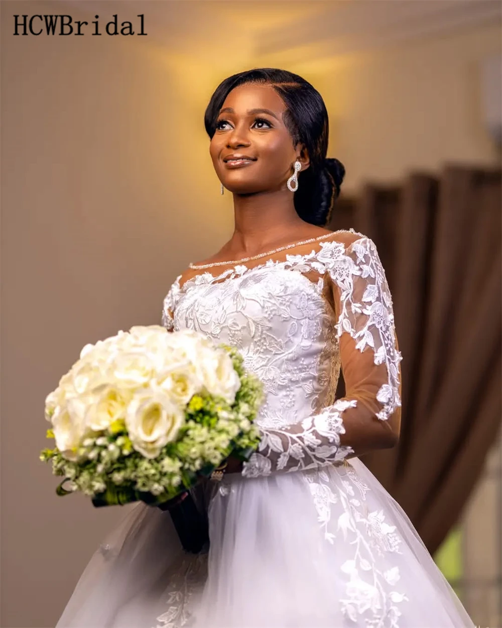 Customized 2024 Long Sleeves African Wedding Dresses Floor Length Graceful Lace Tulle Princess Bridal Gowns Dorpshipping