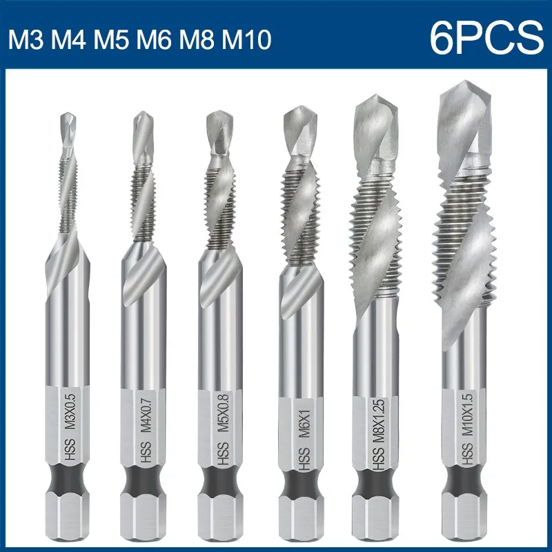XCAN Gewindebohrer-Set, kombinierter Gewindebohrer, HSS-Sechskantschaft, metrischer Gewindebohrer, Maschinenstecker, Gewindebohrer, Bohrer, Handwerkzeuge, M3, M4, M5, M6, M8, 10 M12